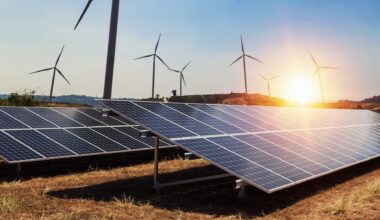 Solar panels and wind turbines at sunset.