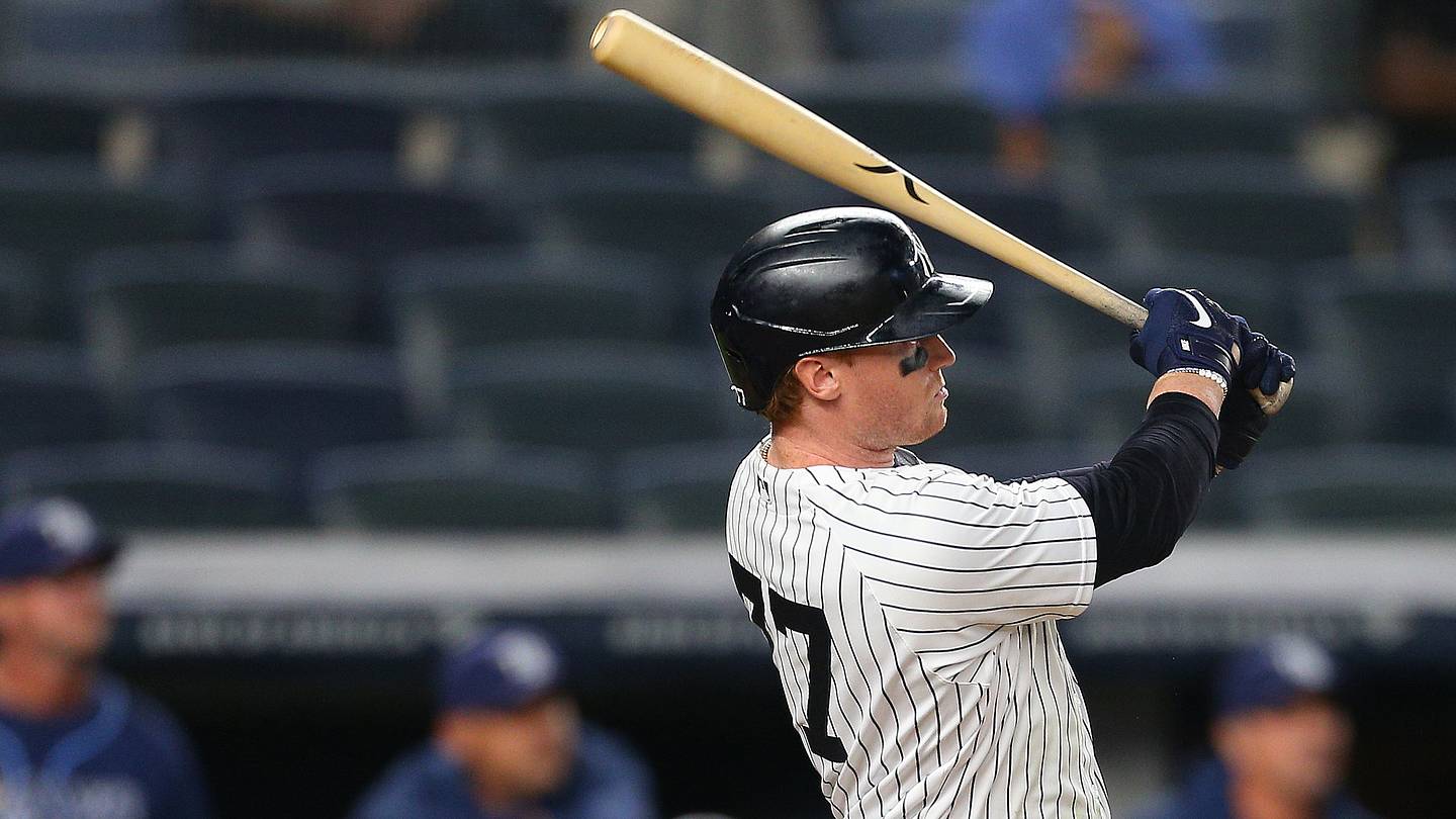 Jun 1, 2021; Bronx, New York, USA; New York Yankees right fielder Clint Frazier (77) hits a walk off game winning two run home run against the Tampa Bay Rays during the eleventh inning at Yankee Stadium. Mandatory Credit: Andy Marlin-USA TODAY Sports