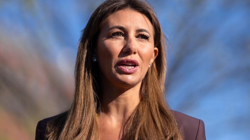 FILE - Alina Habba, President Donald Trump's pick to be the interim U.S. Attorney for New Jersey, speaks with reporters outside the White House, March 26, 2025, in Washington. (AP Photo/Mark Schiefelbein, File)