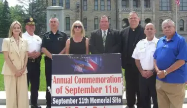 The 9/11 Memorial Committee will mark the 25th anniversary of the Sept. 11, 2001, terrorist attacks on the United States at 8 a.m. Friday, Sept. 11, at the Memorial site in McDade park. Immediately following that commemoration there will be a commemoration of the 250th anniversary of the Declaration of Independence on July 4, 1776. Invited uniformed personnel include the Pennsylvania State Police, EMTs, the Scranton Fire Department bell ceremony, the Civil Air Patrol and the Scouts of America. The Northeast Detachment Marine Corps League will provide the firing detail. From left: Scranton Mayor Paige Cognetti; Chief of Police Tom Carroll; Bruce Beauvais, PA Ambulance; Sheila Shaufler, 911 committee; Pat OMalley, 911 committee; the Rev. Richard Fox, St. Patricks Church; John Judge, fire chief, Scranton; and Charlie Spano, 911 committee.