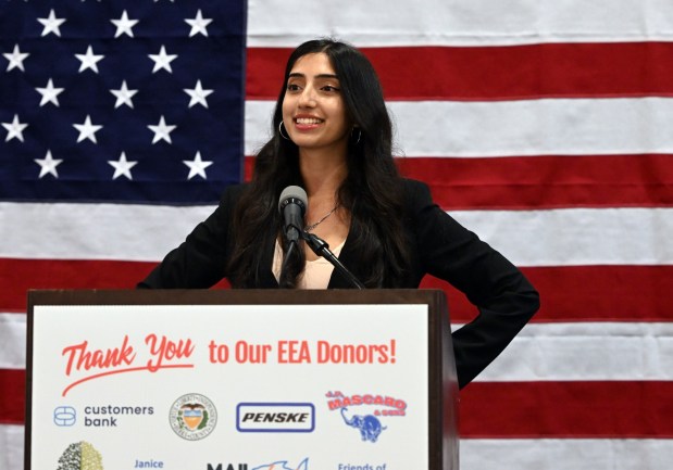 Class representative Isha Kaur speaks during the final day of the Emerging Entrepreneurs Academy at the DoubleTree by Hilton Hotel, 701 Penn St., on Friday, July 31, 2026. (BILL UHRICH/MEDIANEWS GROUP)