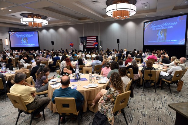 Dr. Khalid Mumin delivers the keynote address during the final day of the Emerging Entrepreneurs Academy at the DoubleTree by Hilton Hotel, 701 Penn St., on Friday, July 31, 2026. (BILL UHRICH/MEDIANEWS GROUP)