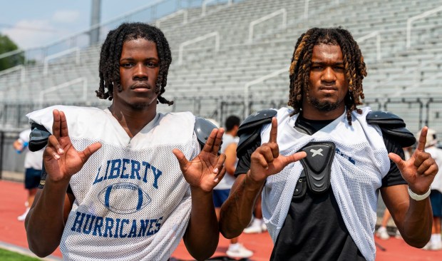 Liberty's Mekkhi McKenzie and Zyaire Davis on Thursday, Aug. 13, 2026, during Liberty high school football practice in Bethlehem (April Gamiz/The Morning Call)