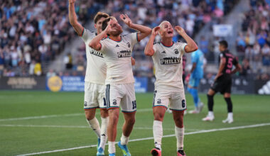 Philadelphia Union midfielder Indiana Vassilev (19) reacts with midfielder Cavan Sullivan (6) and forward Milan Iloski (10) after scoring a goal against Inter Miami CF in the first half at Subaru Park.