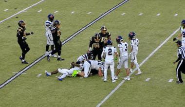 A tackle between in the annual Cocoa Bean football game between Hershey High School and the Milton Hershey School