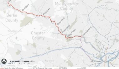 Map of rail line between Reading, Pa., and Philadelphia
