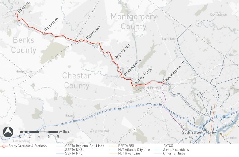 Map of rail line between Reading, Pa., and Philadelphia