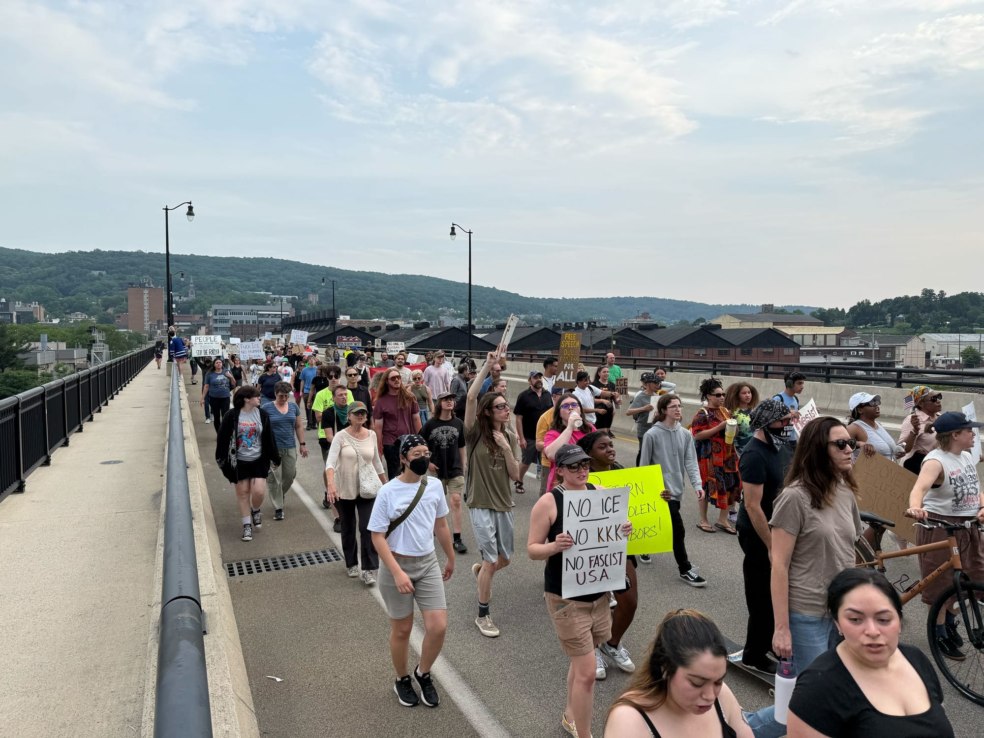 Residents gathered at a rally in Bethlehem on Thursday, June 12 to protest a federal immigration raid at the fire-damaged Fiv