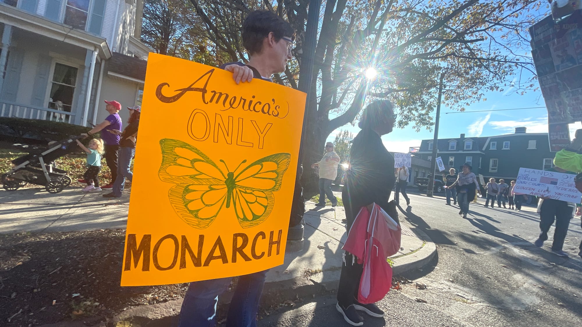 “No Kings” protesters in Bethlehem on Saturday, Oct. 18, 2025, filed into Rose Garden Park to share their disdain for Preside
