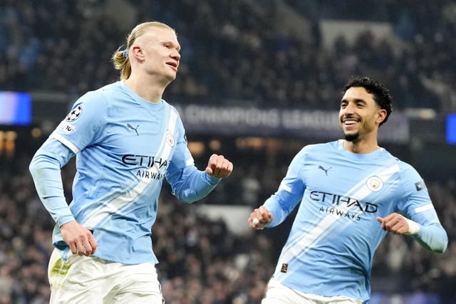 Manchester City’s Erling Haaland, left, celebrates with Omar Marmoush after scoring against Galatasaray