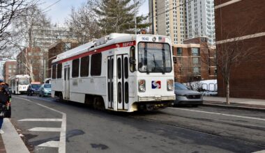 SEPTA trolleys travel along 40th Street in West Philadelphia on Wednesday, Dec. 17, 2025.