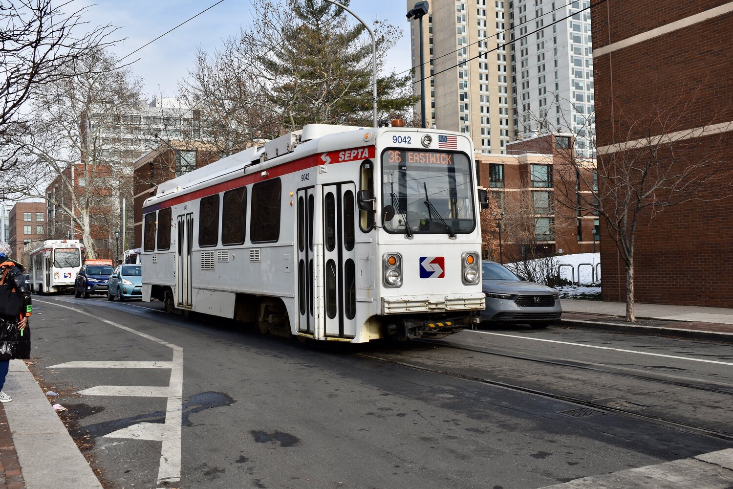 SEPTA trolleys travel along 40th Street in West Philadelphia on Wednesday, Dec. 17, 2025.