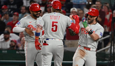 Philadelphia Phillies second baseman Bryson Stott (5) celebrates with right fielder Derek Hill (left) and first baseman Bryce Harper (3) after hitting a three run home run against the Washington Nationals during the ninth inning at Nationals Park.