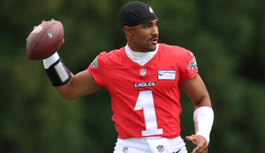 Jul 30, 2026; Philadelphia, PA, USA; Philadelphia Eagles quarterback Jalen Hurts (1) during training camp at Jefferson Health Training Complex.