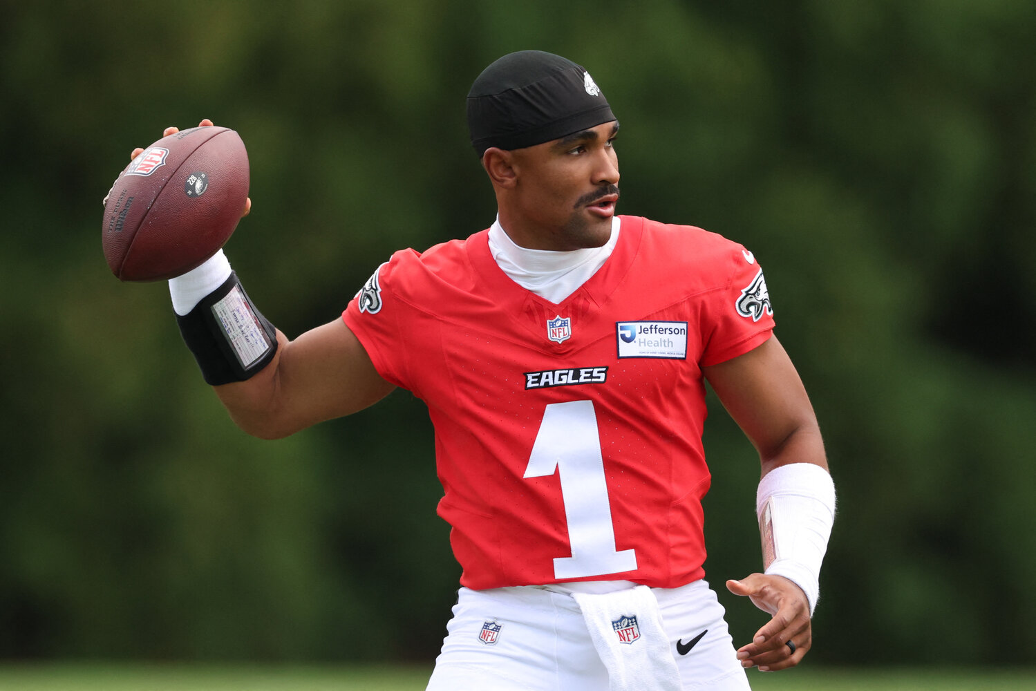 Jul 30, 2026; Philadelphia, PA, USA; Philadelphia Eagles quarterback Jalen Hurts (1) during training camp at Jefferson Health Training Complex.