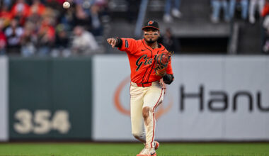 San Francisco Giants second baseman Luis Arraez (1) throws the ball to first for the out in the top of the third inning Los Angeles Angels at Oracle Park.
