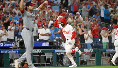 Philadelphia Phillies right fielder Derek Hill (49) celebrates after hitting a grand slam during the seventh inning against the Washington Nationals pitcher Tom Cosgrove (34) at Citizens Bank Park.