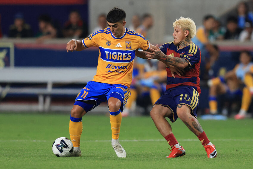 Tigres UANL midfielder Juan Brunetta (11) plays the ball against Real Salt Lake midfield Diego Luna (10) during the second half of the Leagues Cup Phase One match at America First Field.