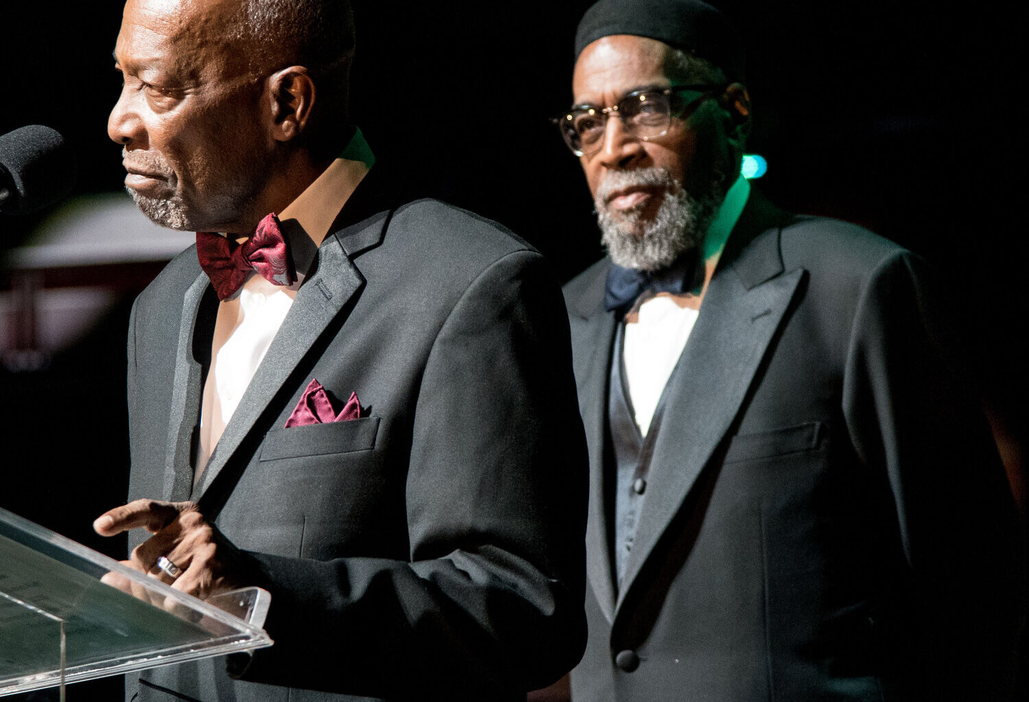 In this 2016 file photo, Philadelphia legendary music producers Leon Huff and Kenny Gamble give a speech at the Marian Anderson Award show in Philadelphia.