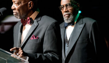 In this 2016 file photo, Philadelphia legendary music producers Leon Huff and Kenny Gamble give a speech at the Marian Anderson Award show in Philadelphia.