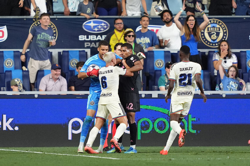 An altercation breaks out between Philadelphia Union midfielder Cavan Sullivan (6) and Inter Miami CF midfielder Yannick Bright (42) in the second half at Subaru Park.