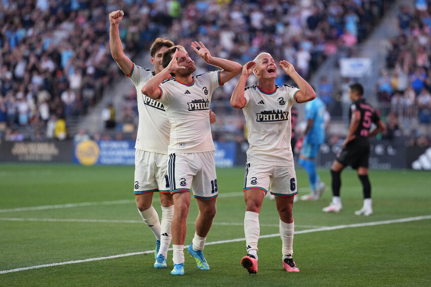 Philadelphia Union midfielder Indiana Vassilev (19) reacts with midfielder Cavan Sullivan (6) and forward Milan Iloski (10) after scoring a goal against Inter Miami CF in the first half at Subaru Park.