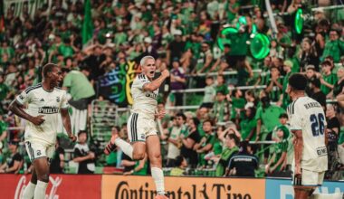 Cavan Sullivan (middle) celebrates his tying goal vs Austin FC.