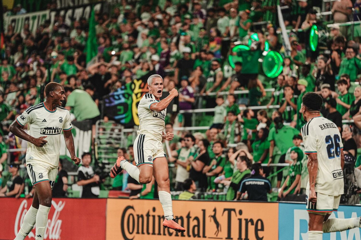 Cavan Sullivan (middle) celebrates his tying goal vs Austin FC.