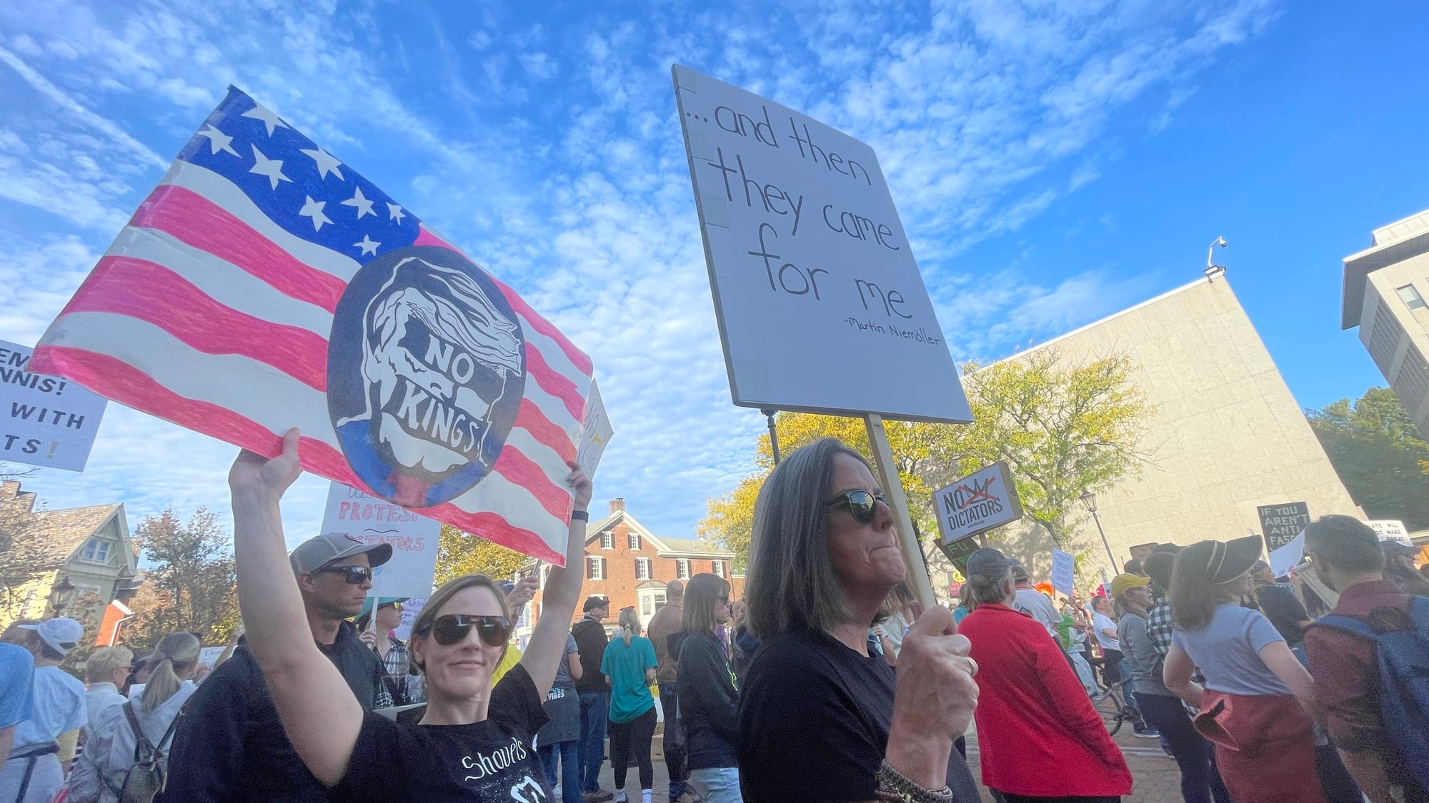 “No Kings” protesters in Bethlehem on Saturday, Oct. 18, 2025, filed into Rose Garden Park to share their disdain for Preside