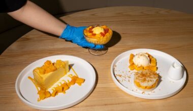 The mango mille crepe cake slice, strawberry mango juice sago and lychee jelly with mango ice cream, and the mango coconut sticky rice ice cream at Mango Mango Dessert in Ardmore.