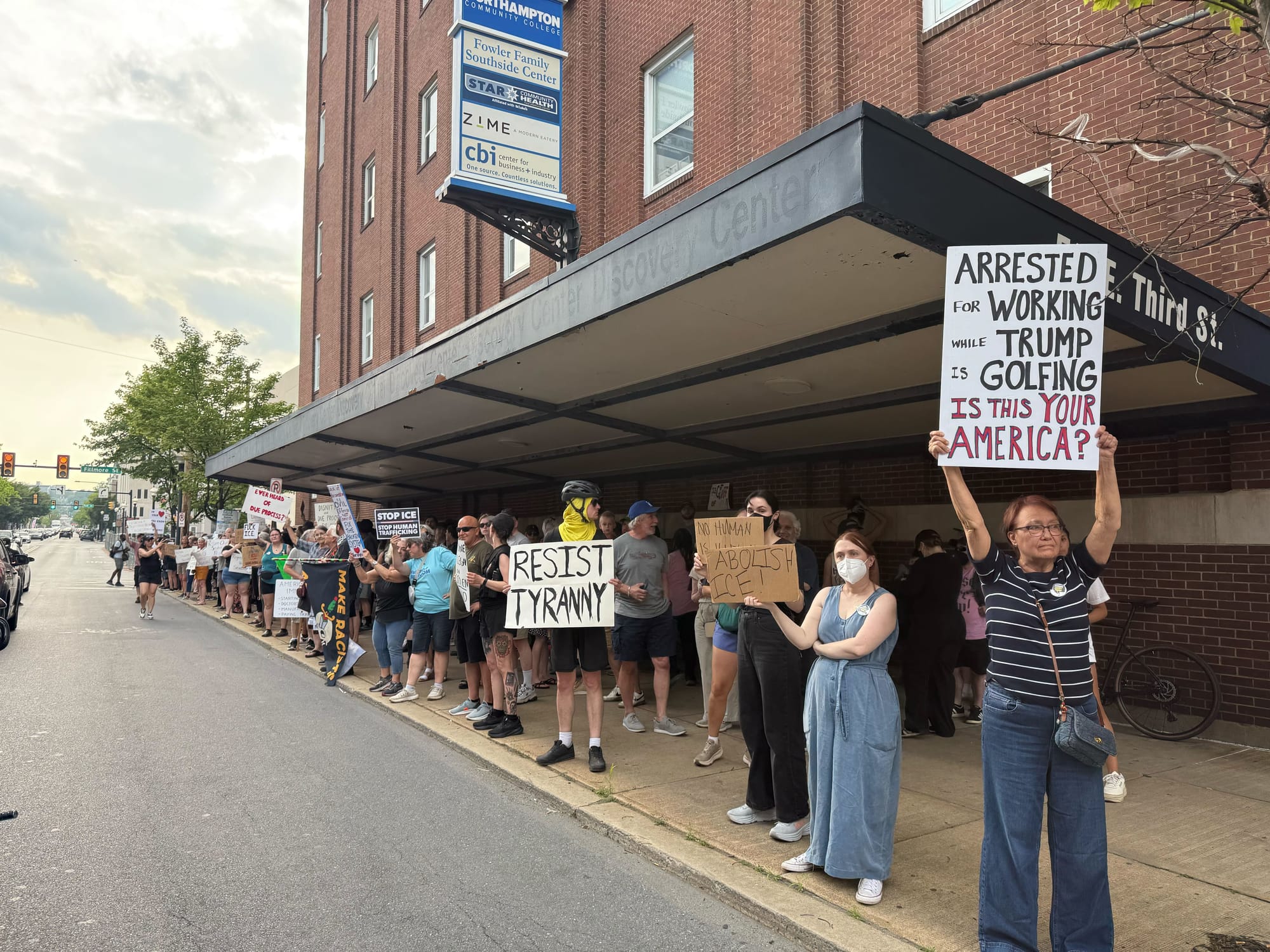 Residents gathered at a rally in Bethlehem on Thursday, June 12 to protest a federal immigration raid at the fire-damaged Fiv