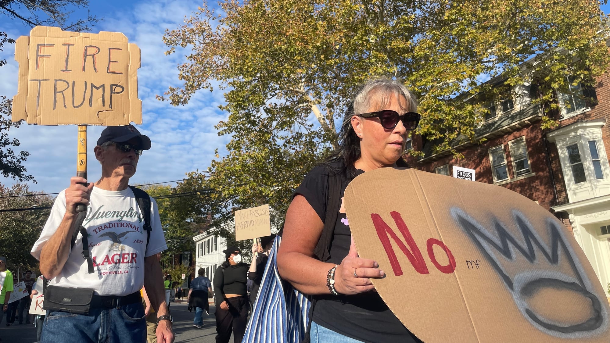 “No Kings” protesters in Bethlehem on Saturday, Oct. 18, 2025, filed into Rose Garden Park to share their disdain for Preside