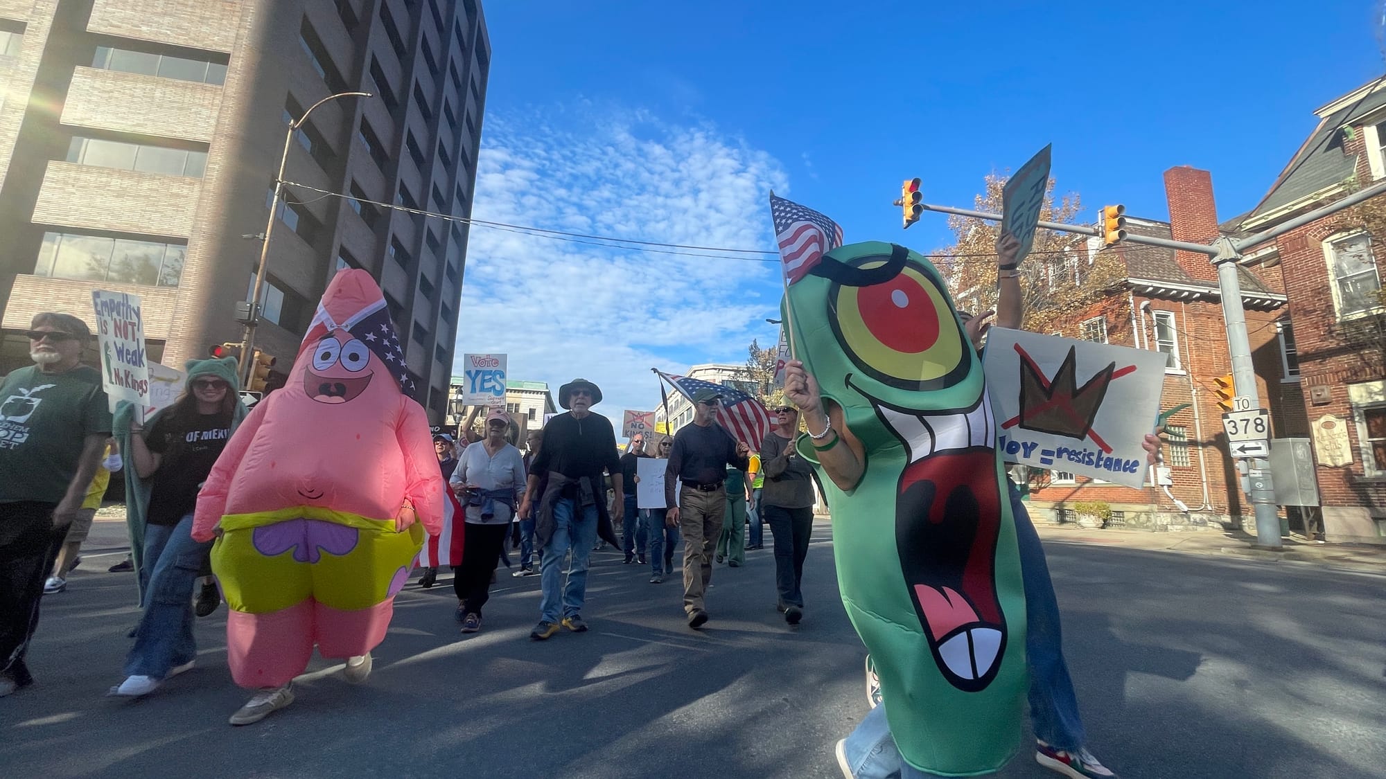 “No Kings” protesters in Bethlehem on Saturday, Oct. 18, 2025, filed into Rose Garden Park to share their disdain for Preside
