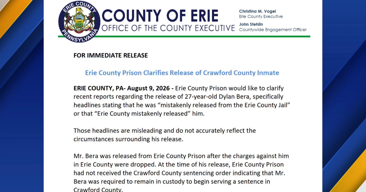 Statement from Erie County Prison on Released Inmate | News