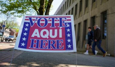 A voting location sign is seen on primary Election Day 2024 at Bethlehem City Hall in Northampton County, Pennsylvania. |