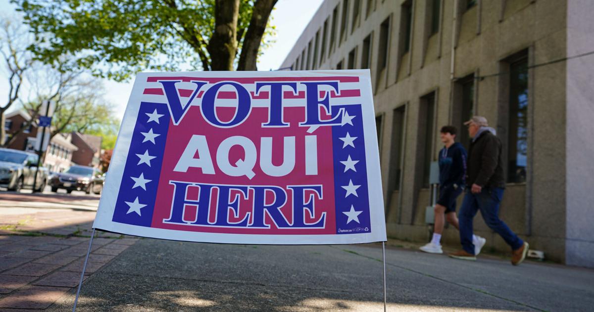 A voting location sign is seen on primary Election Day 2024 at Bethlehem City Hall in Northampton County, Pennsylvania. |