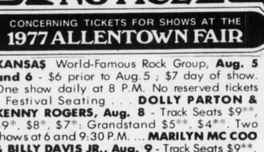 A newspaper clipping selling tickets for the 1977 Allentown Fair, displaying $9 tickets to see Dolly Parton & Kenny Rogers perform |