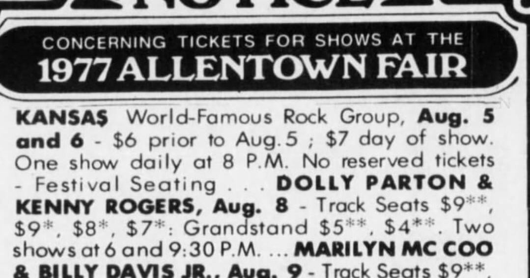 A newspaper clipping selling tickets for the 1977 Allentown Fair, displaying $9 tickets to see Dolly Parton & Kenny Rogers perform |