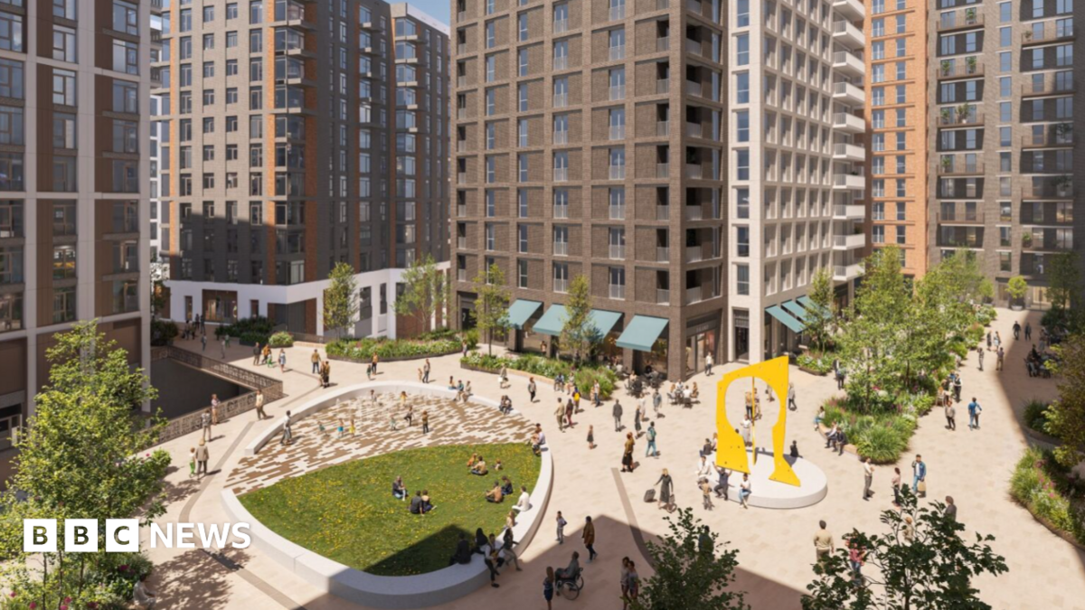 A CGI image of a housing development showing tower blocks centred around a large square with paved and green space, trees, and a yellow archway sculpture. There are people walking through the square.