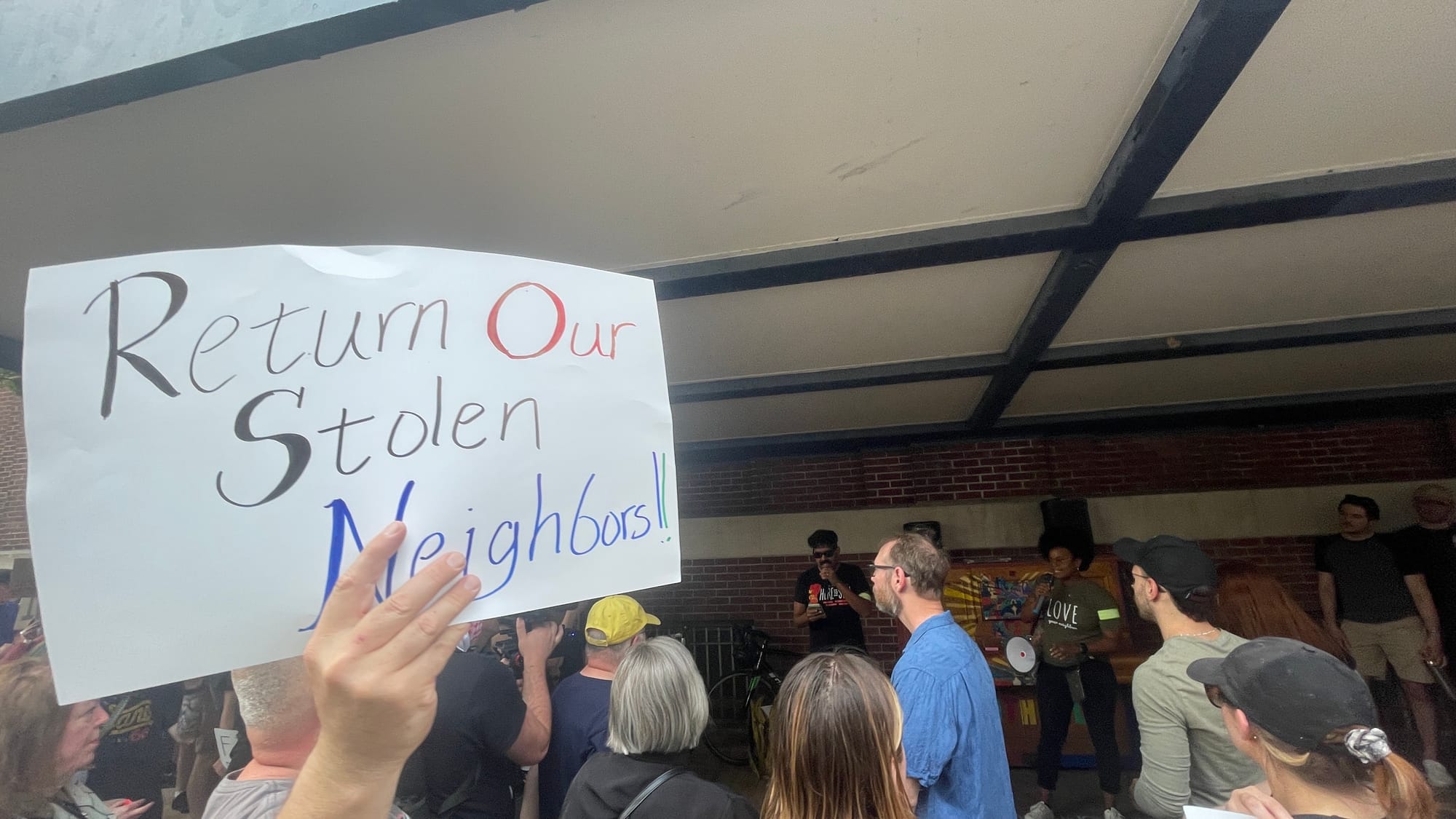 Residents gathered at a rally in Bethlehem on Thursday, June 12 to protest a federal immigration raid at the fire-damaged Fiv