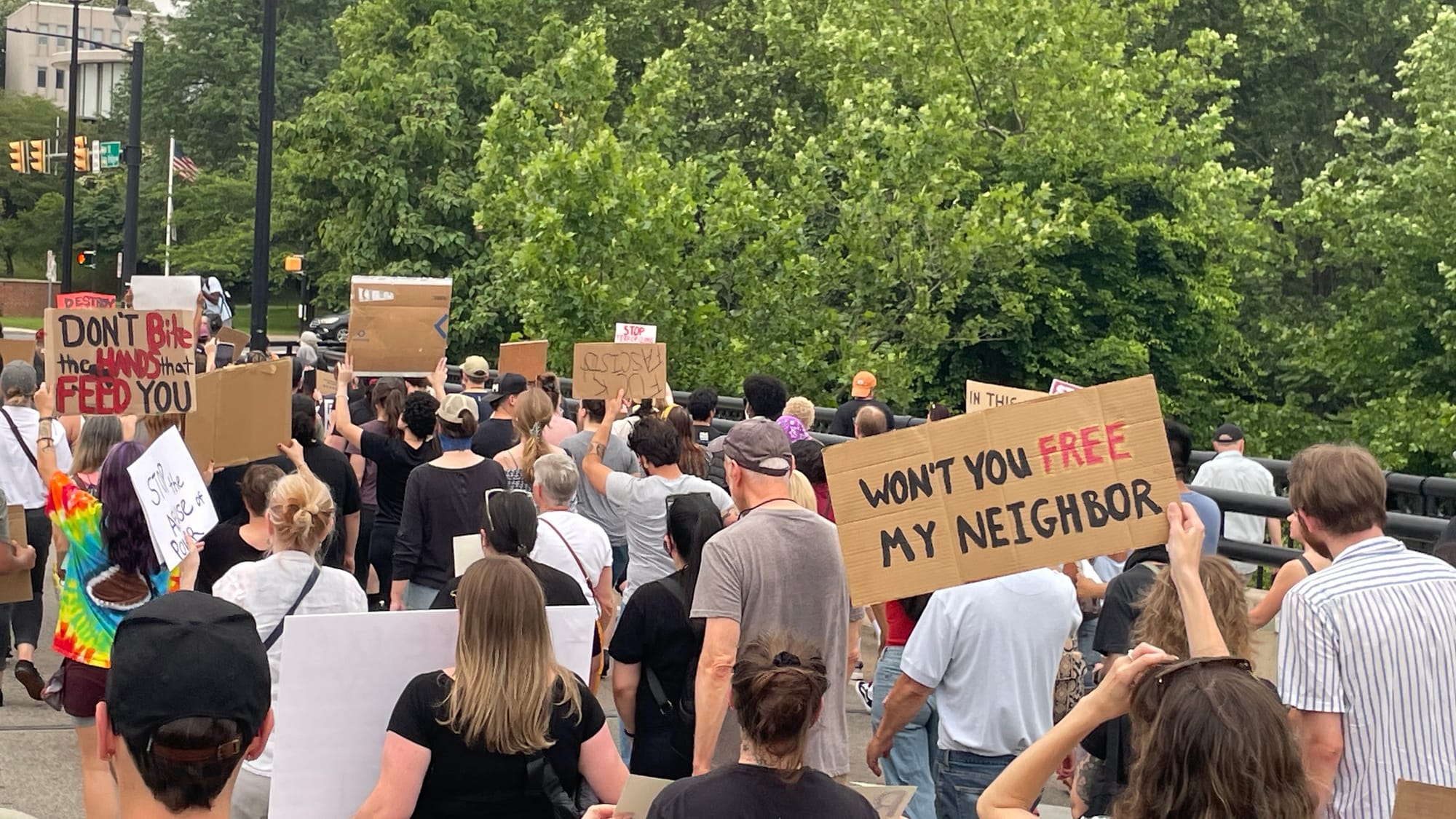 Residents gathered at a rally in Bethlehem on Thursday, June 12 to protest a federal immigration raid at the fire-damaged Fiv