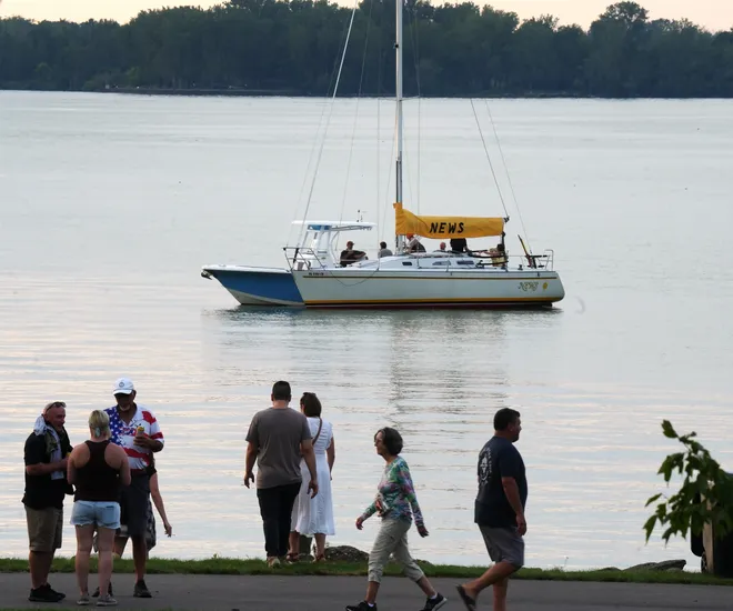 Boaters anchor in Presque Isle Bay and listen as Old Crow Medicine Show performs at the Rebich Investments Amphitheater in Erie, Pa., on Aug. 5, 2026.