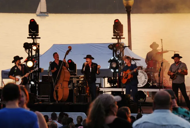Old Crow Medicine Show band members perform at the Rebich Investments Amphitheater in Erie, Pa., on Aug. 5, 2026.