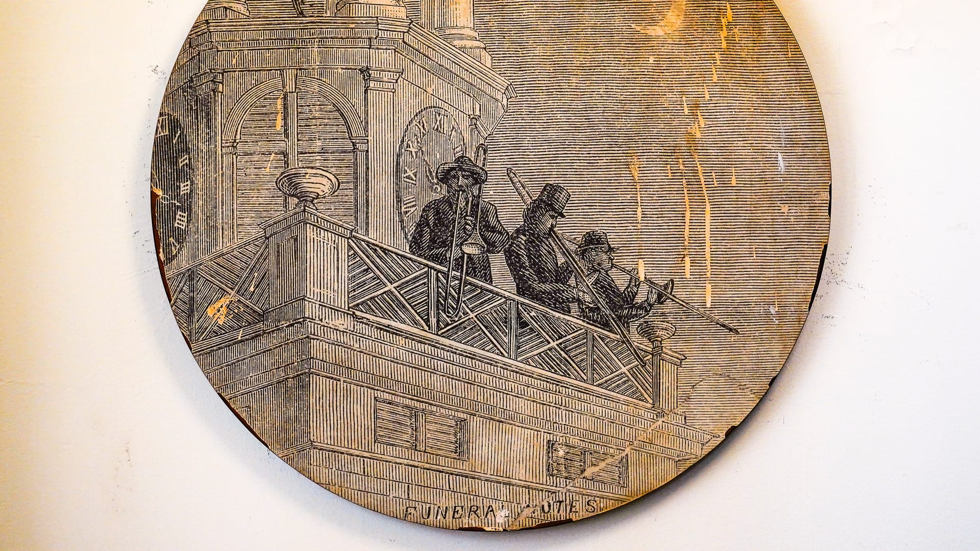 Artwork depicts musicians performing from atop the Central Moravian Church Bell Tower. Tour of Moravian University's 1748-bui