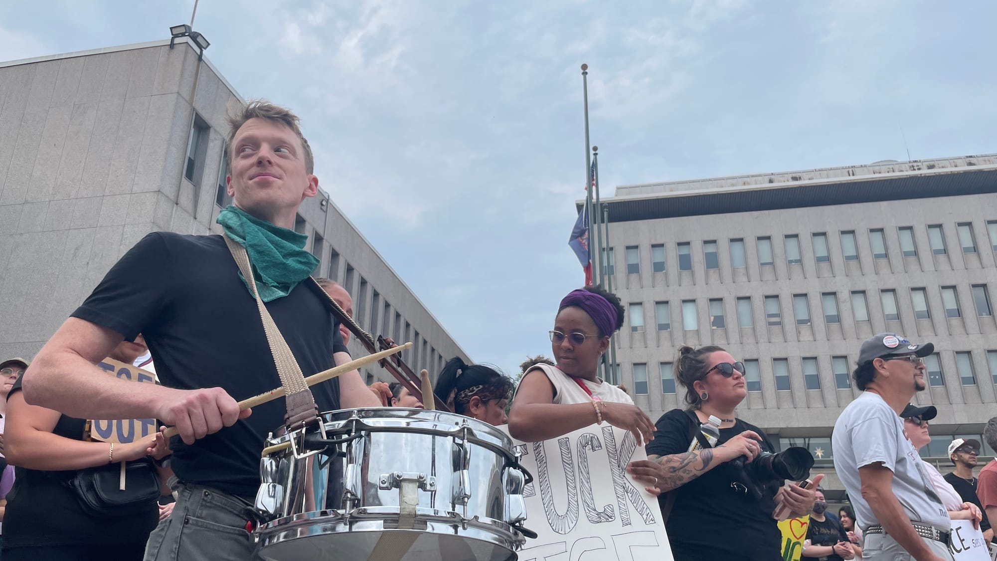 Residents gathered at a rally in Bethlehem on Thursday, June 12 to protest a federal immigration raid at the fire-damaged Fiv