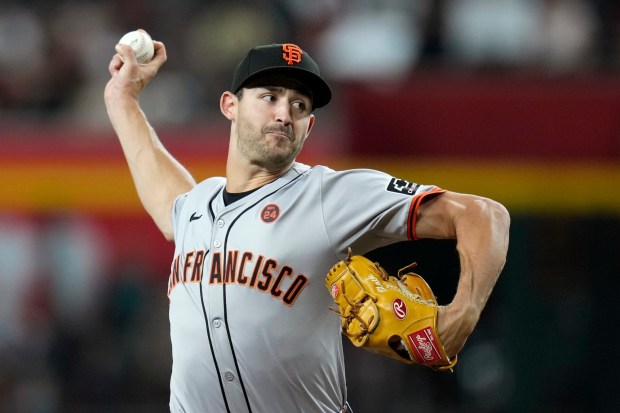 San Francisco Giants starting pitcher Mason Black throws against the Arizona Diamondbacks during the first inning of a baseball game Wednesday, Sept. 25, 2024, in Phoenix. (AP Photo/Ross D. Franklin)