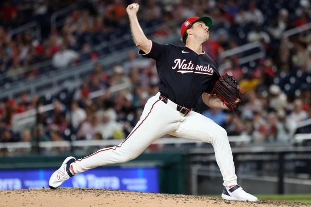 Washington Nationals pitcher Max Kranick throws during the ninth inning of a baseball game against the Arizona Diamondbacks, Friday, July 24, 2026, in Washington. (AP Photo/Daniel Kucin Jr.)