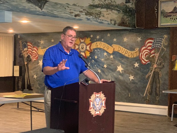 Kurt Masser, the owner of the Wayside Inn and a former state House representative who now works as a lobbyist advocating for Pace-O-Matic, speaks at a rally for skill games Thursday, Aug. 20, 2026 at the Dupont VFW (CHRISTOPHER DOYLE/STAFF PHOTO)
