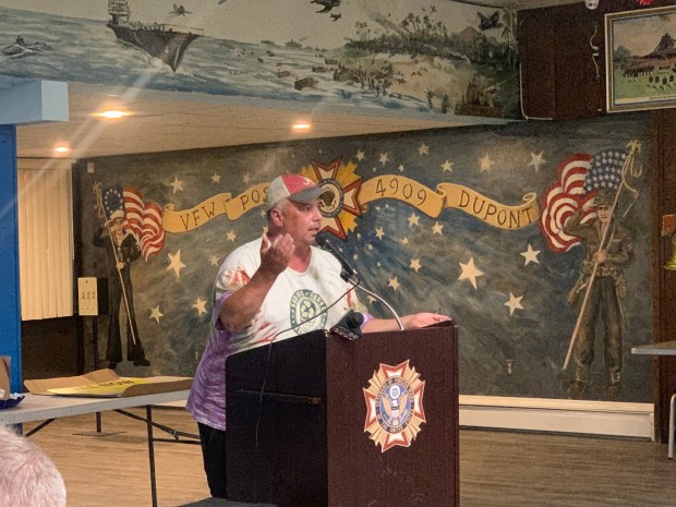 Ron Vaccaro, of the Italian American Citizens Club, speaks at a rally for skill games Thursday, Aug. 20, 2026 at the Dupont VFW (CHRISTOPHER DOYLE/STAFF PHOTO).