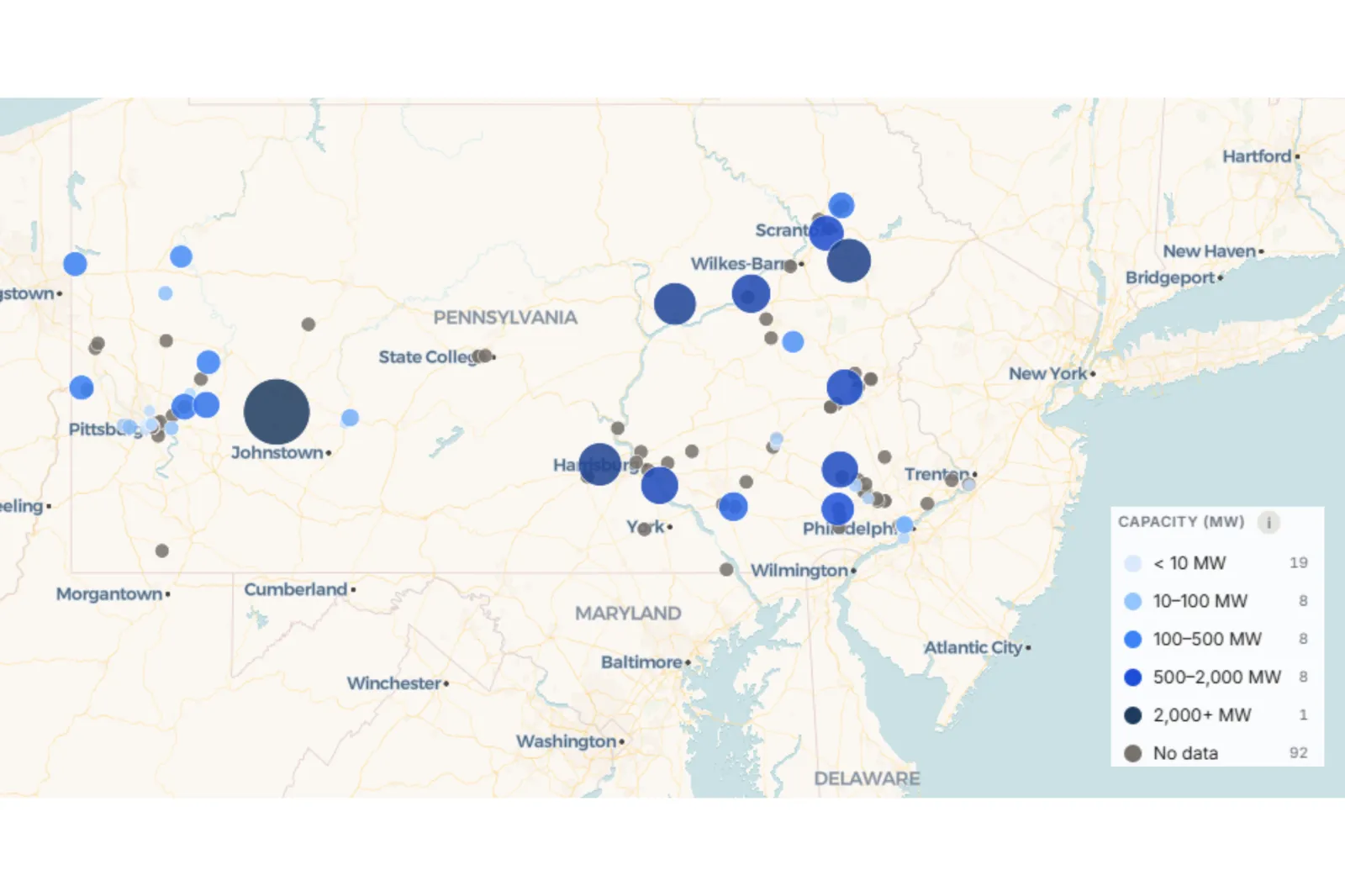 The U.S. Data Center Map shows the locations and size of data centers across Pennsylvania.